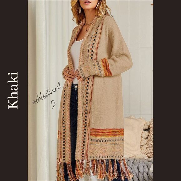 NEW Bohemian Tribal Fringe Cardigan With Pockets - Picture 4 of 10
